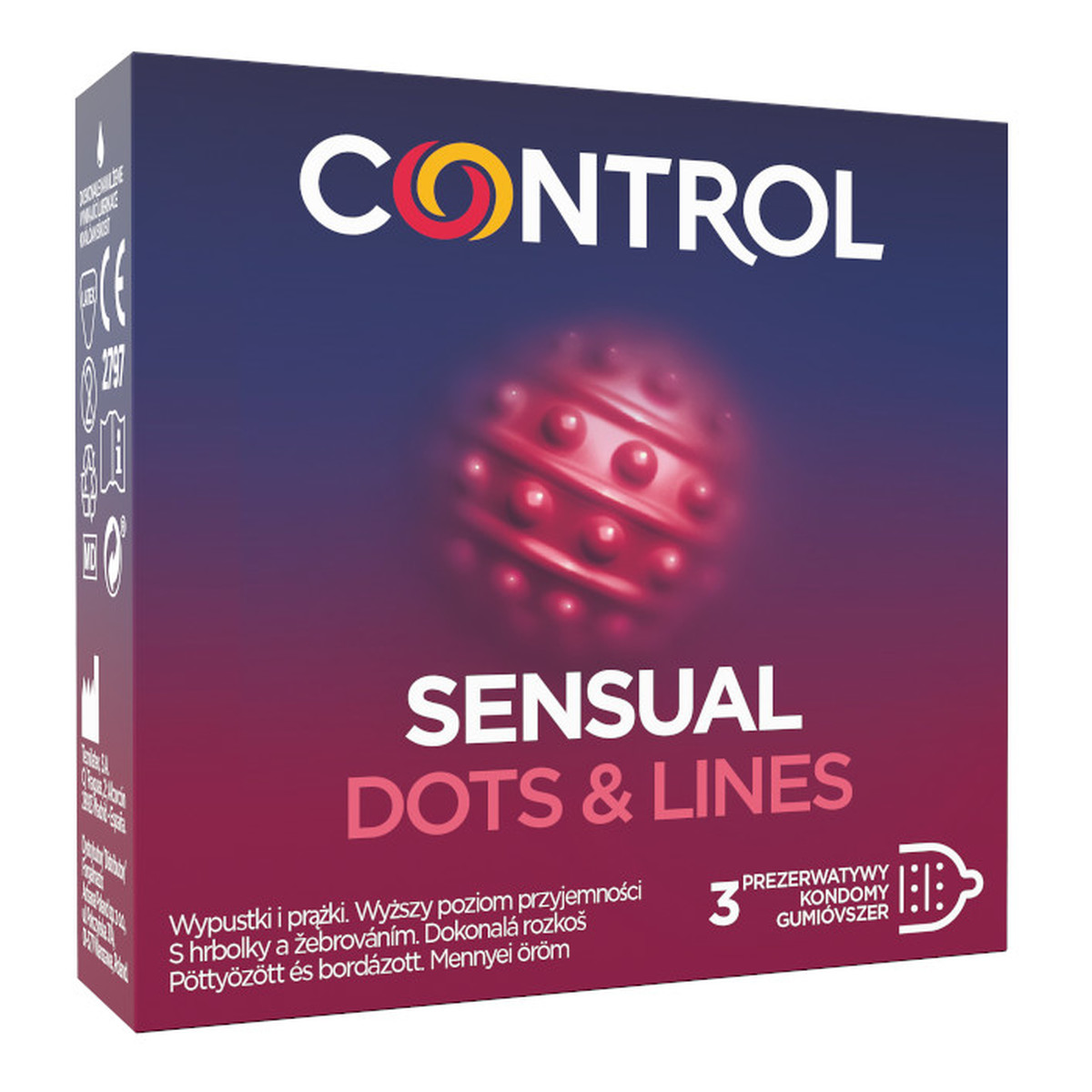 Control Sensual dots & lines prezerwatywy prążkowane z wypustkami 3szt.