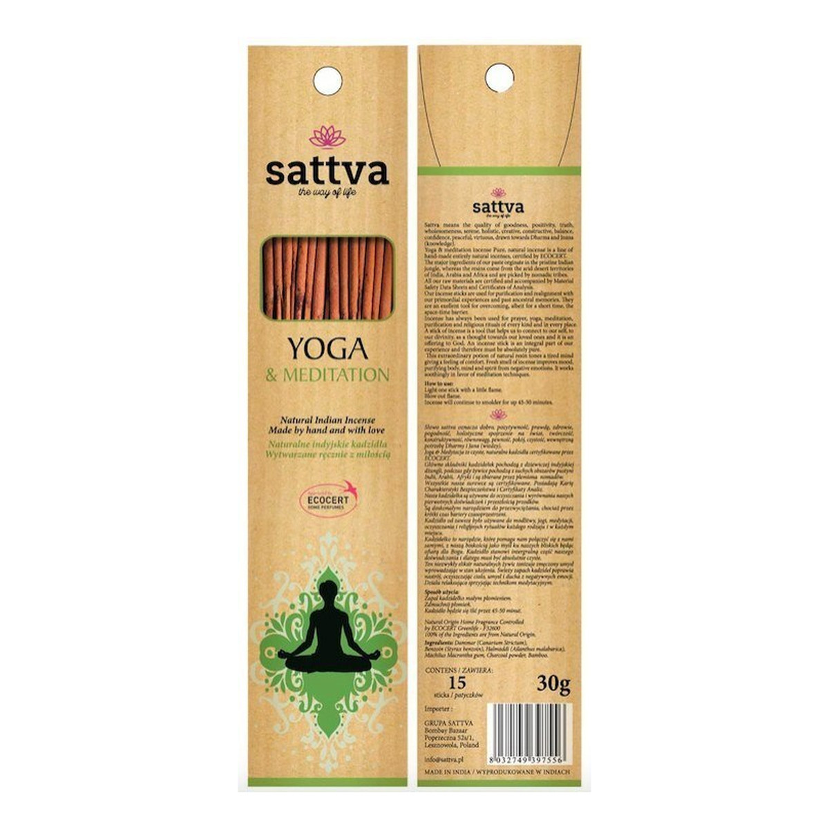 Sattva Naturalne Indyjskie Kadzidła Wytwarzane Ręcznie Z Miłością Yoga&Meditation 15szt x3