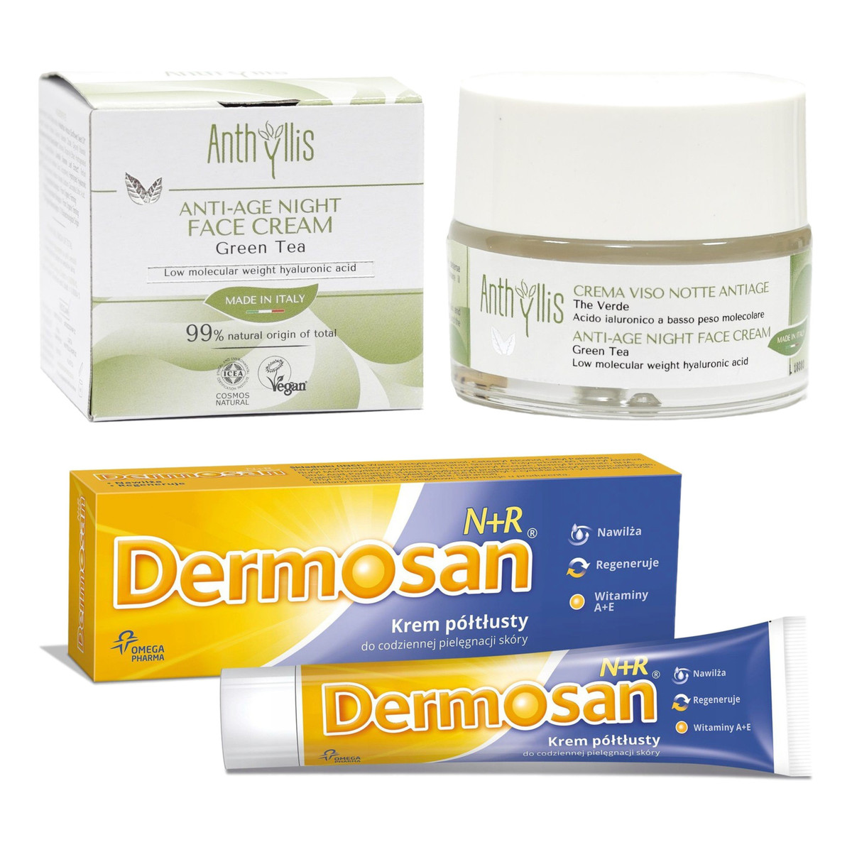 Dermosan N+R Krem półtłusty 40g + Anthyllis Krem na noc z kwasem hialuronowym 50ml