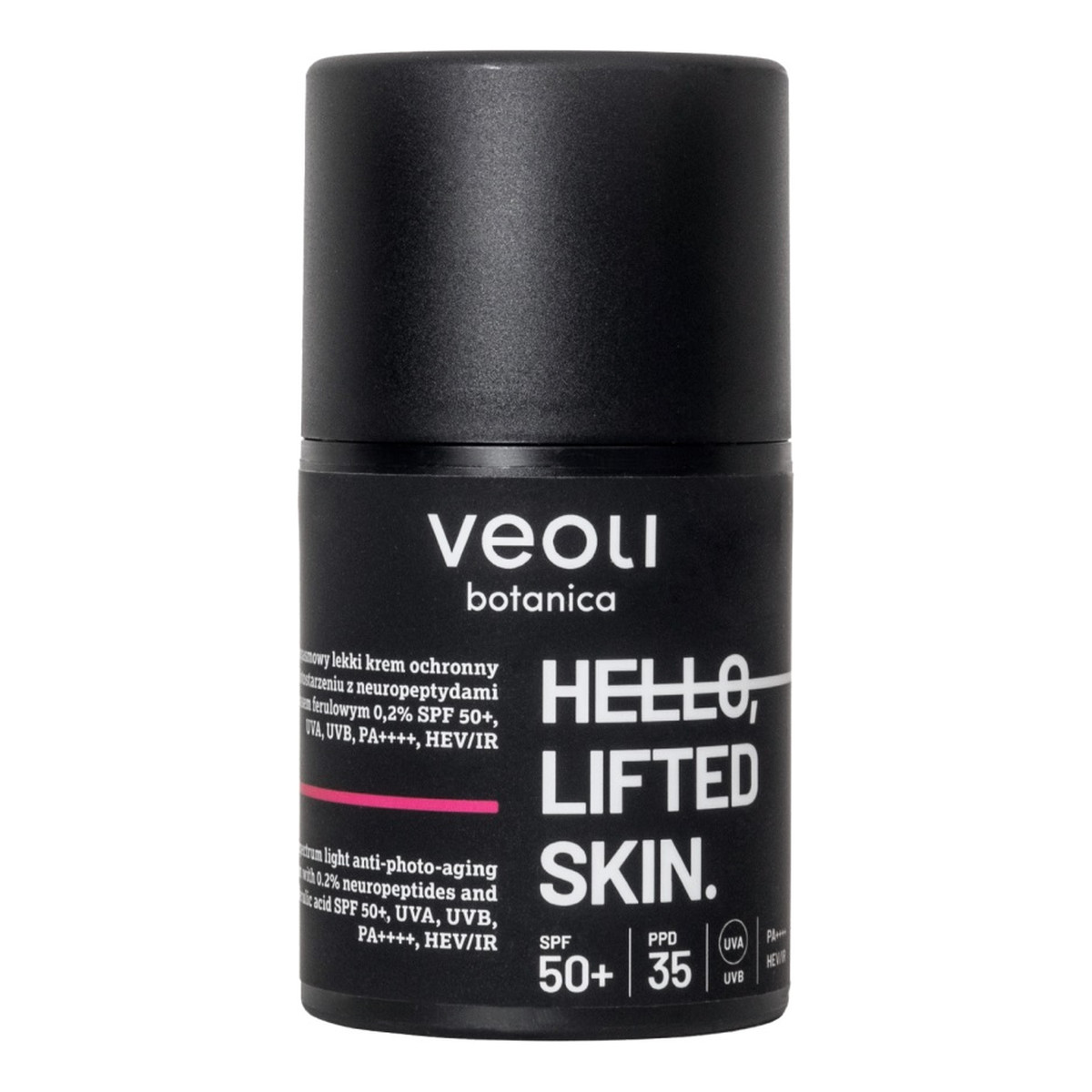 Veoli Botanica Hello Lifted Skin szerokopasmowy lekki Krem ochronny przeciw fotostarzeniu z neuropeptydami 0.2% i kwasem ferulowym 0.2% spf50+ 50ml
