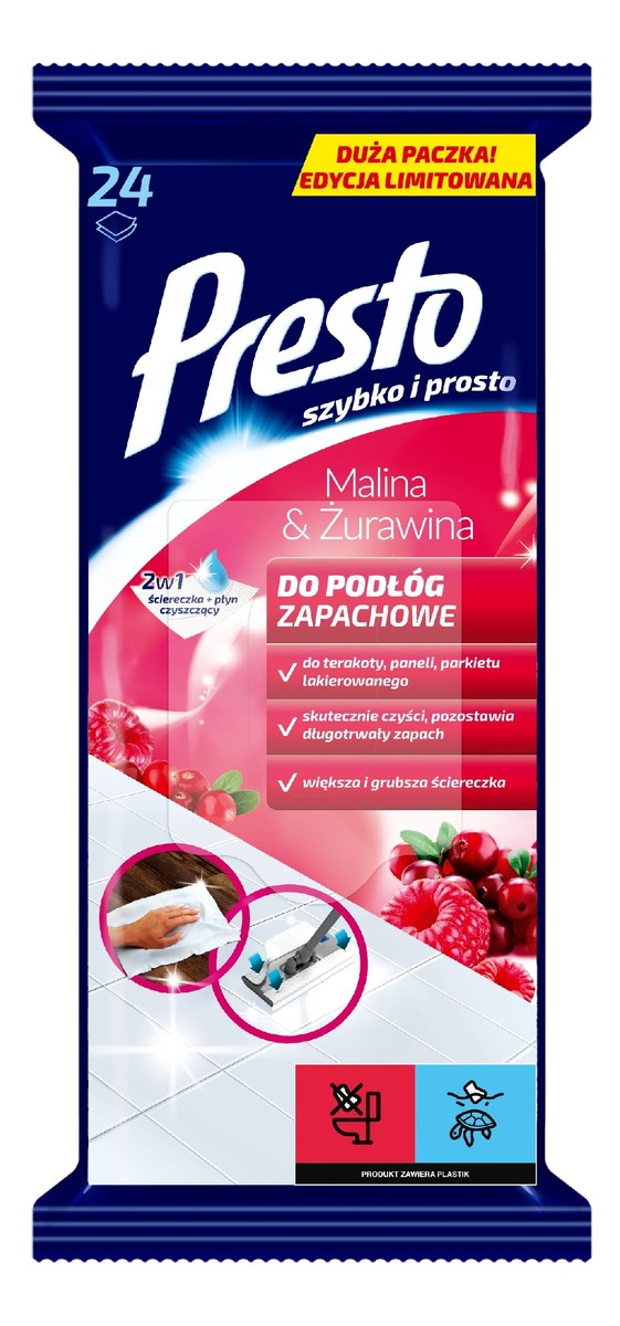 Ściereczki czyszczące do podłóg 2w1 Malina&Żurawina 24szt