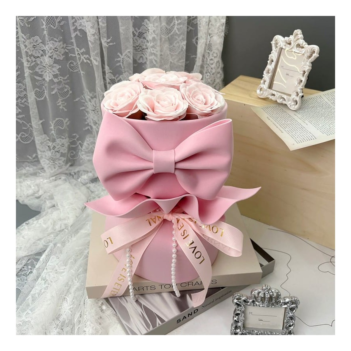 Ecarla bukiet mydlanych kwiatów pastelowe RÓŻE z kokardą BUK24R