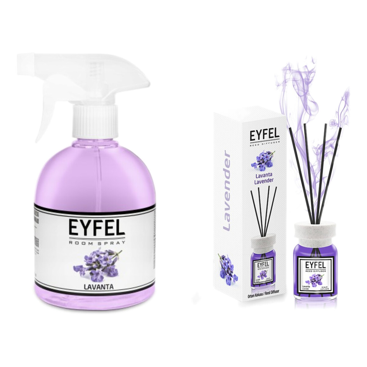 Eyfel Lawenda Dyfuzor zapachowy z patyczkami 120ml + Odświeżacz w sprayu 500ml