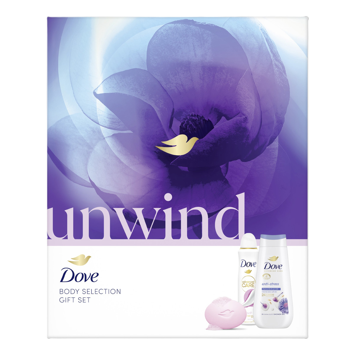 Dove Unwind Zestaw damski żel pod prysznic + mydło + dezodorant w sprayu