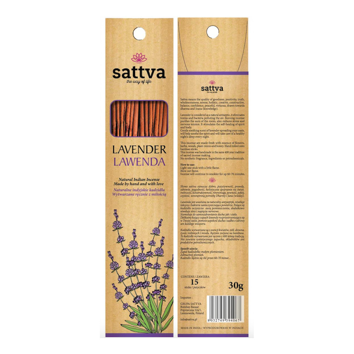 Sattva Naturalne Indyjskie Kadzidła Wytwarzane Ręcznie Z Miłością Lawenda 15szt x4