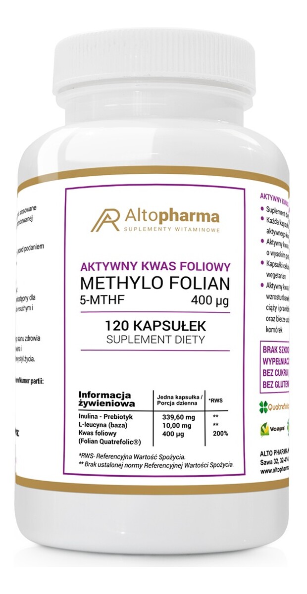 Aktywny kwas foliowy methylo folian 5-mthf 400 mcg suplement diety 120 kapsułek
