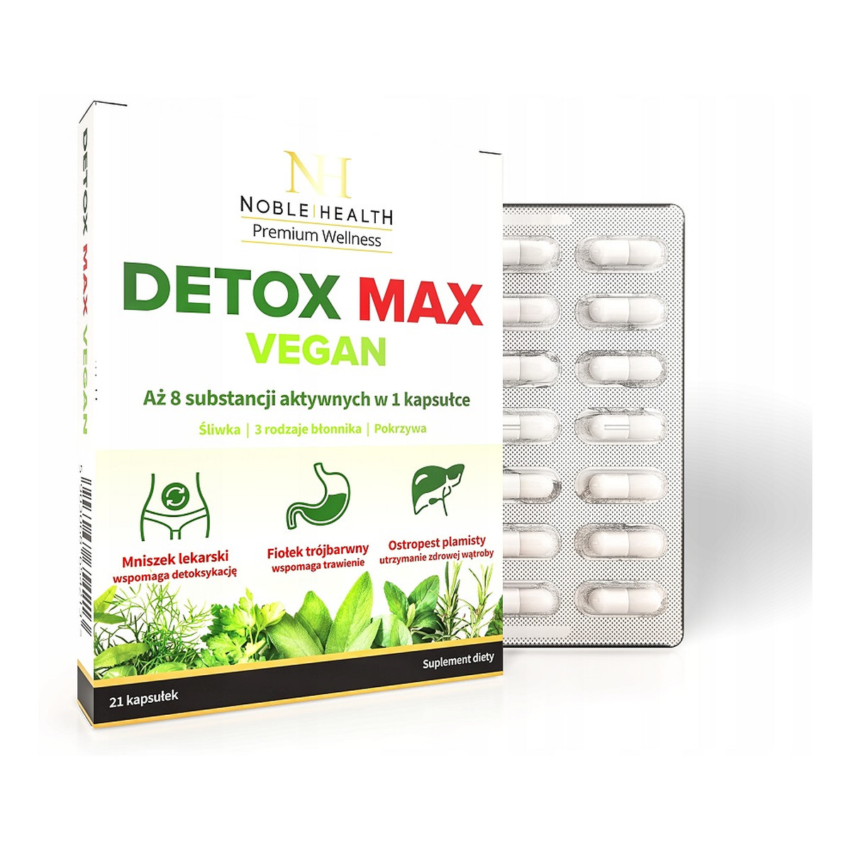 Noble Health Detox max vegan suplement diety wspomagający proces detoksykacji organizmu i prawidłowe funkcjonowanie układu trawiennego 21 kapsułek