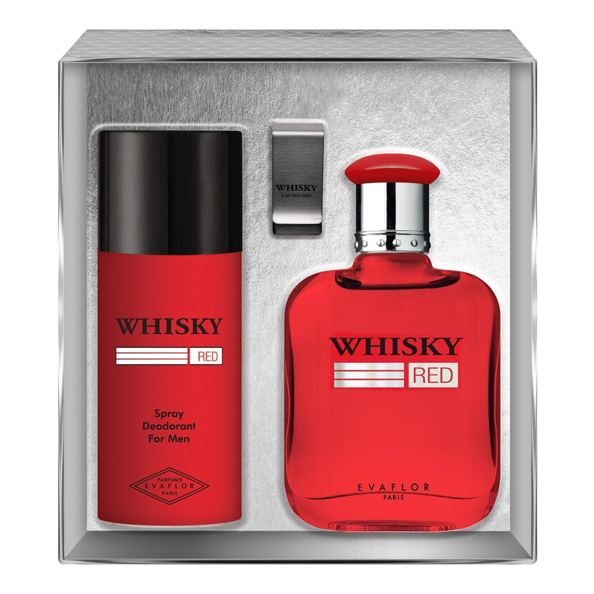 Evaflor Whisky Red Zestaw woda toaletowa spray 100ml + dezodorant spray 150ml + klips na banknoty