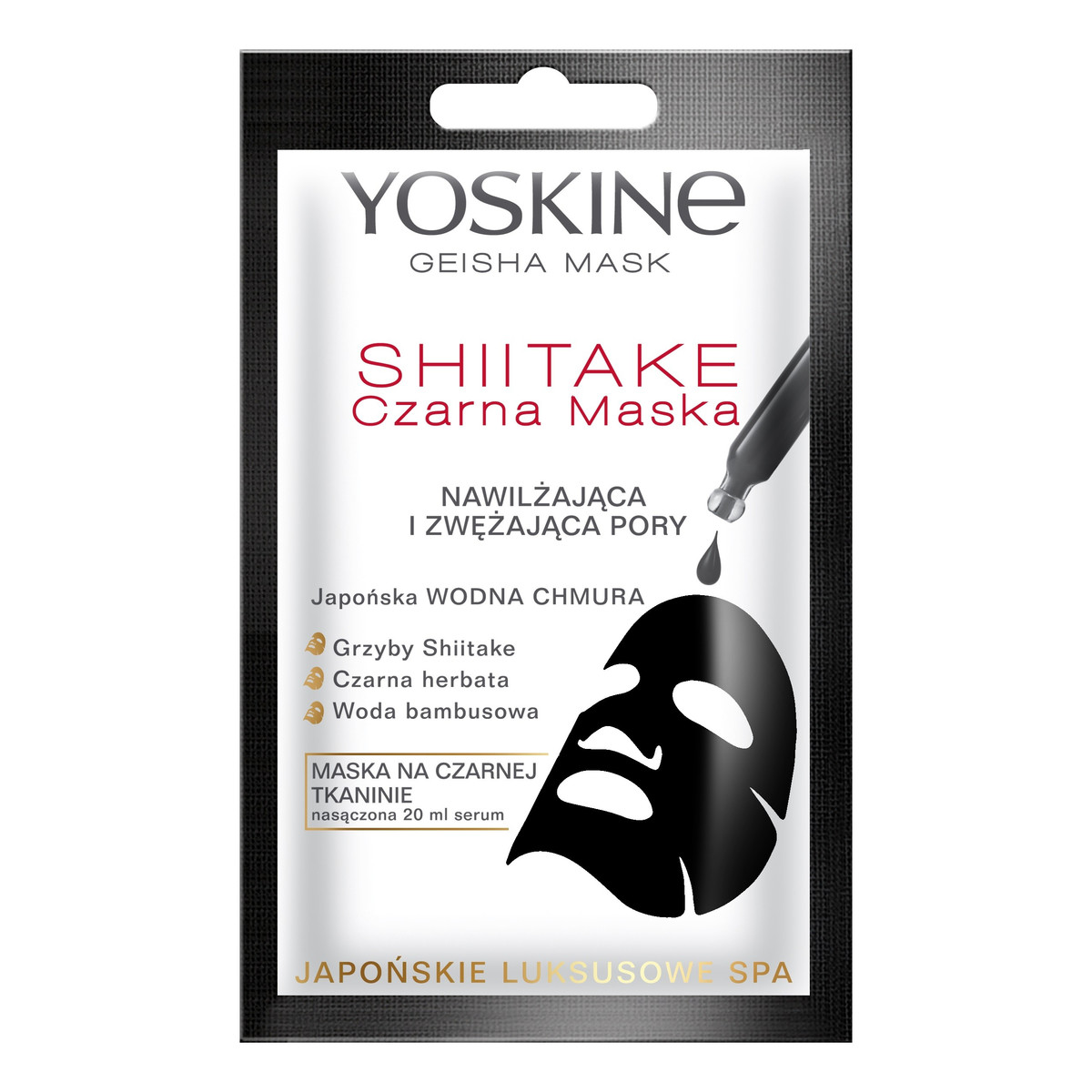 Yoskine Geisha Mask Shiitake Czarna Maska na tkaninie nawilżająca i zwężająca pory 20ml