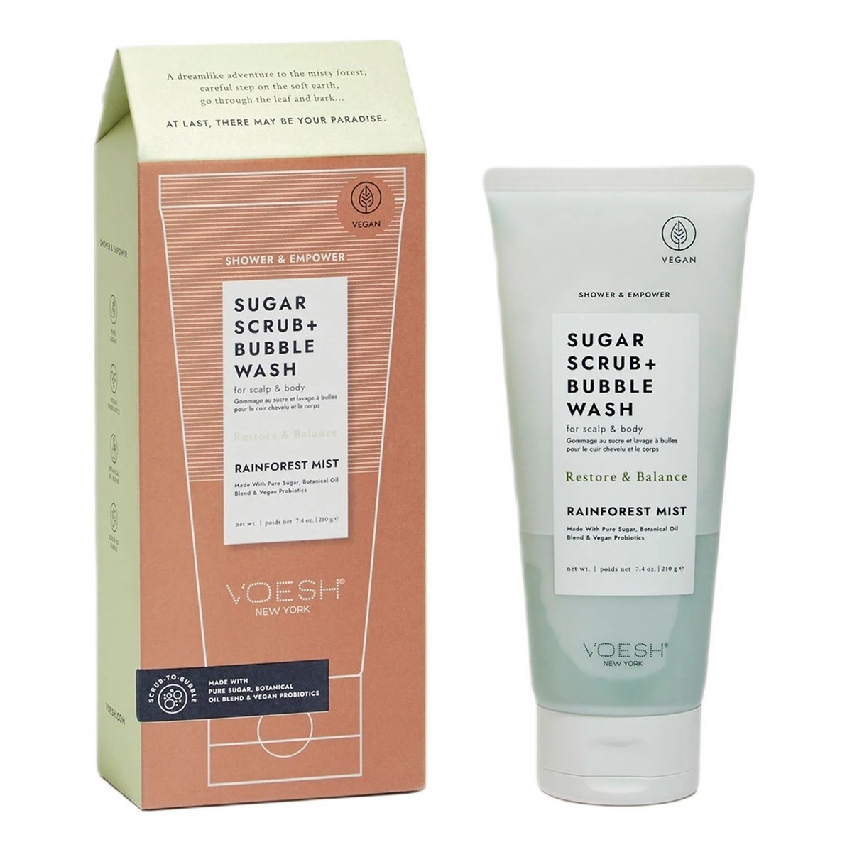 Voesh Sugar scrub + bubble wash cukrowy peeling myjący do ciała i skóry głowy rainforest mist 210g