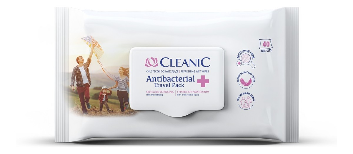 Antibacterial Travel Pack Chusteczki Odświeżające z płynem antybakteryjnym 40 szt.