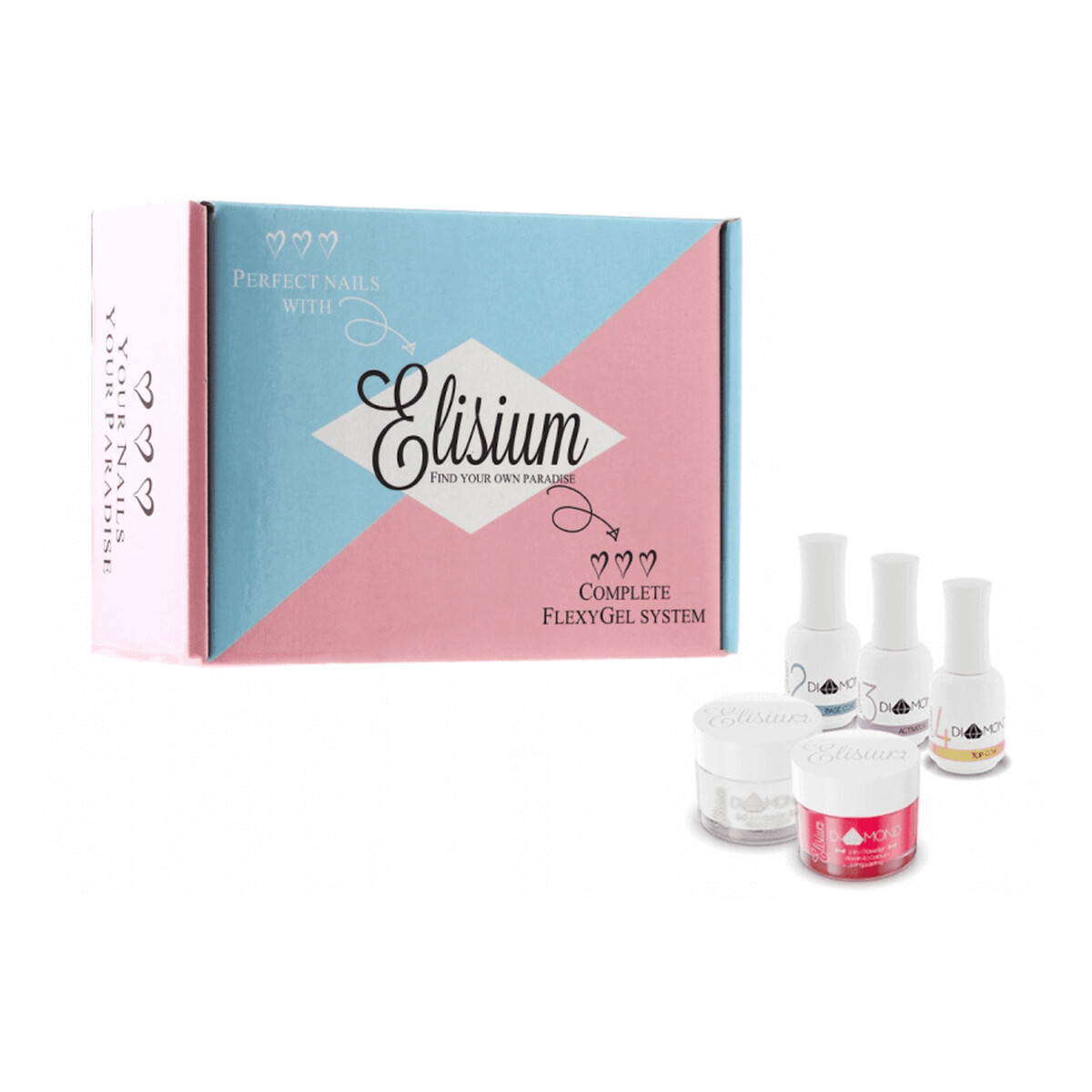 Elisium Zestaw Diamond Mini Base Coat 15ml + Activator 15ml + Top Coat 15ml + Clear 23g + żel Red East 23g
