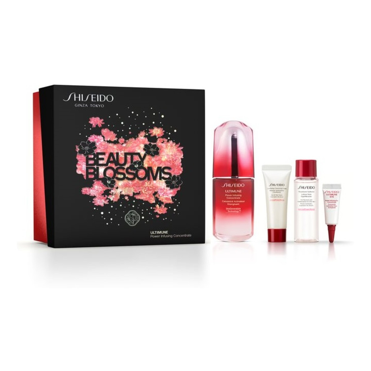 Shiseido Beauty Blossoms Zestaw ultimune power infusing concentrate 50ml + power infusing eye concentrate 3ml + treatment softener 30ml + clarifying cleansing foam 15ml