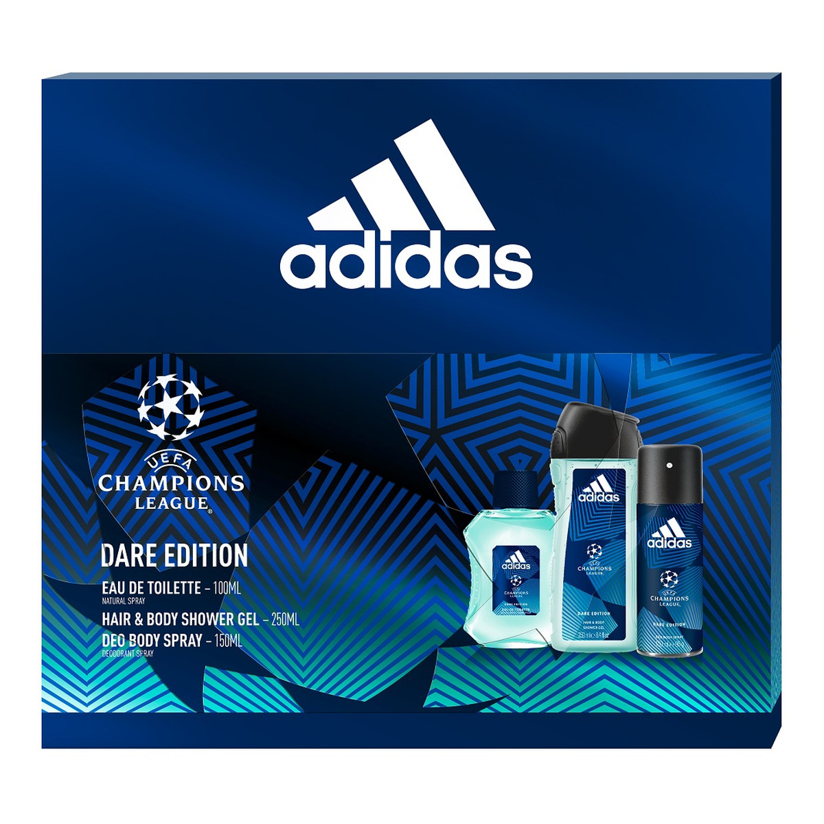 Adidas Uefa Champions League Dare Edition Zestaw woda toaletowa spray 100ml + żel pod prysznic 250ml + dezodorant spray 150ml