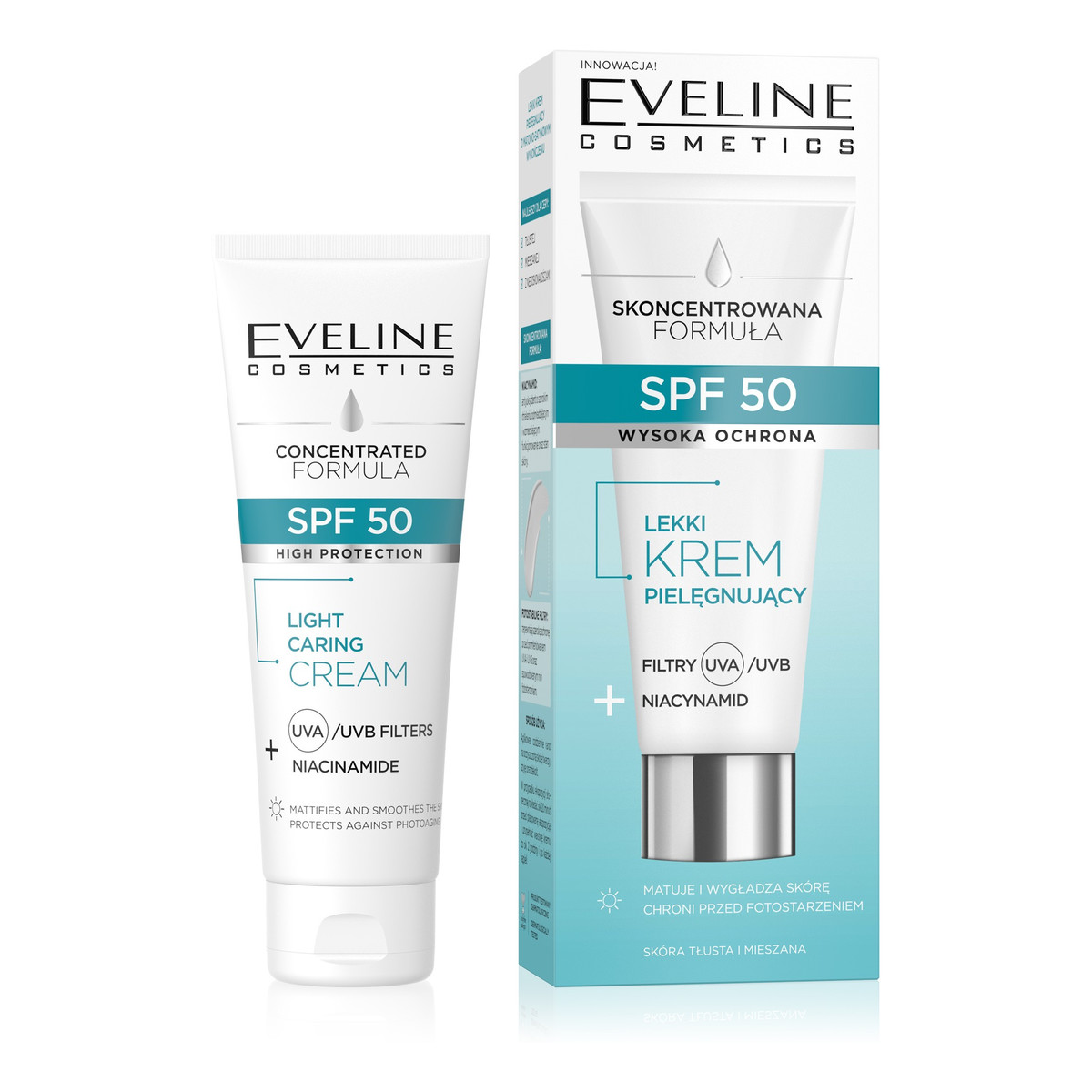 Eveline Spf 50 lekki Krem pielęgnujący filtry+niacynamid do cery tłustej i mieszanej 30ml