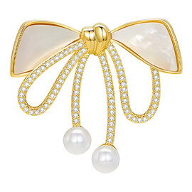 Broszka ozdobna złota KOKARDKA masa perłowa i cyrkonie BZ197