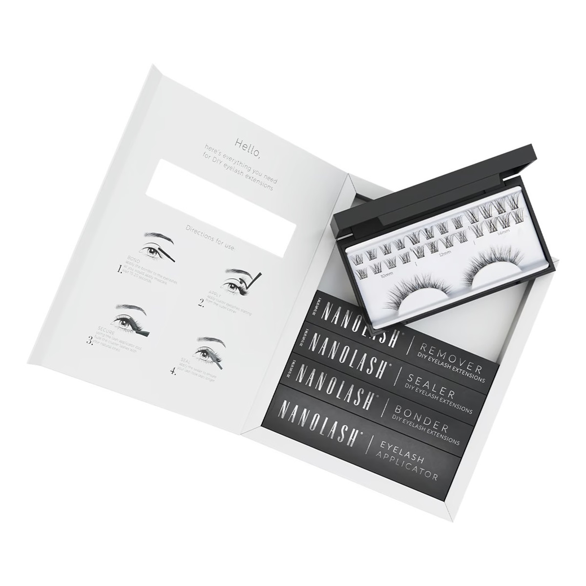 Nanolash DIY Extensions Starter Kit Zestaw sztuczne rzęsy 10.12.14mm classy 36szt. + bonder do rzęs 5ml + sealer do rzęs 5ml + aplikator do rzęs 1szt. + remover do rzęs 5ml