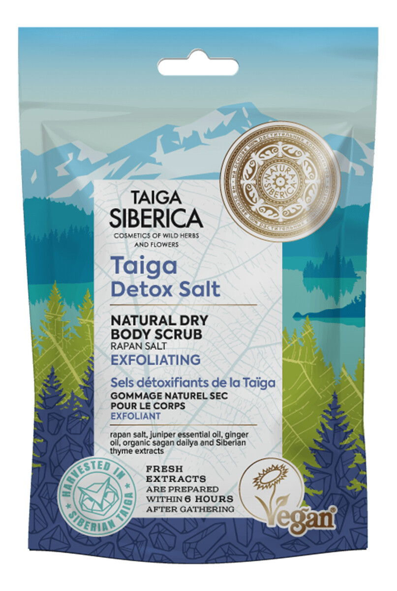 Wegański, złuszczający suchy peeling do ciała z detoksykującą solą z Tajgi