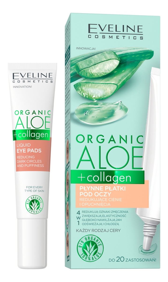 Organic aloe + collagen płynne płatki pod oczy redukujące cienie i opuchnięcia 4w1