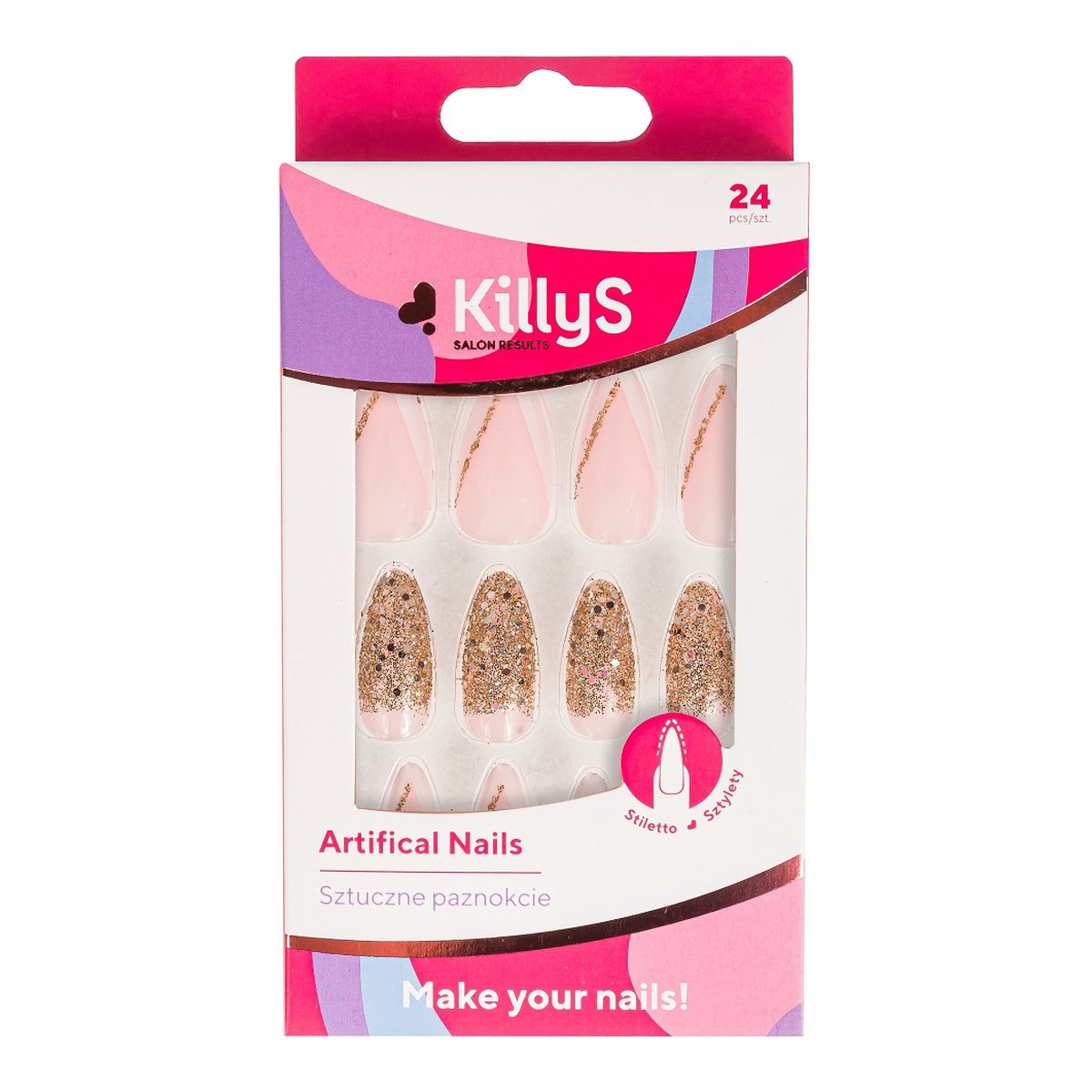 KillyS Artifical nails sztuczne paznokcie stiletto golden glitter french 24szt