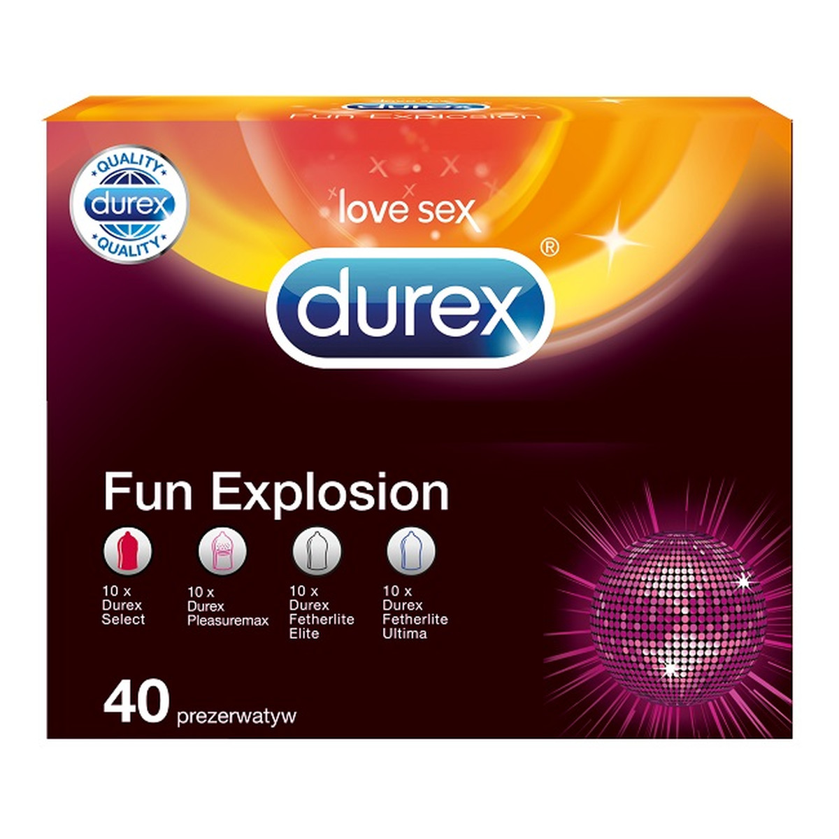 Durex Love Sex prezerwatywy Select 10szt + Pleasuremax 10szt + Fetherlite Elite 10szt + Fetherlite Ultima 10szt