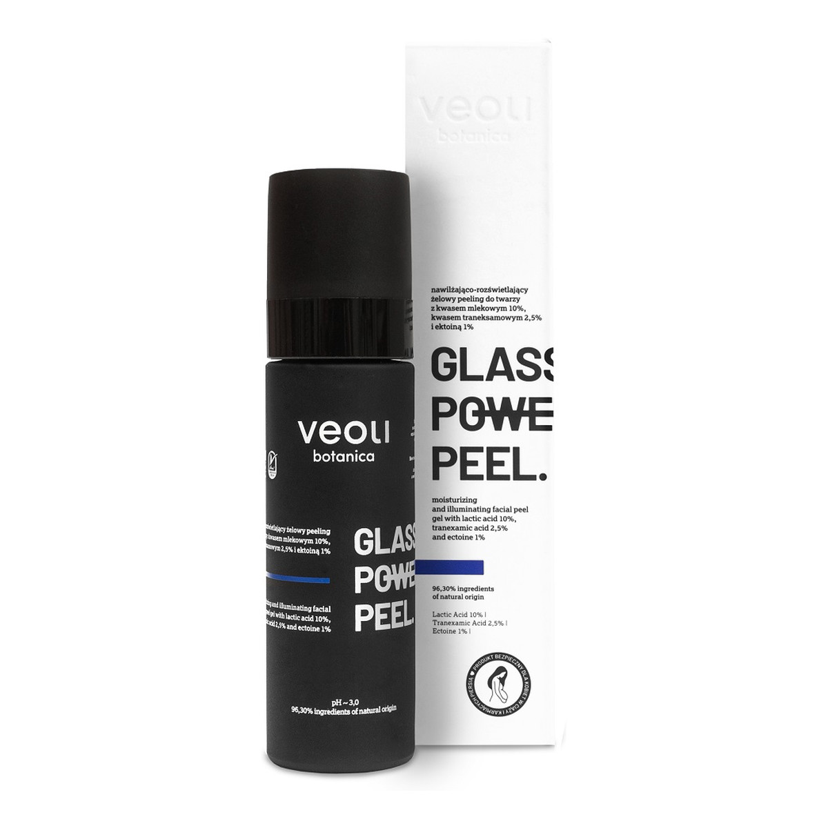 Veoli Botanica Glass Skin Power Peel nawilżająco-rozświetlający Żelowy peeling do twarzy z kwasem mlekowym 10% traneksamowym 2.5% i ektoiną 1% 30ml