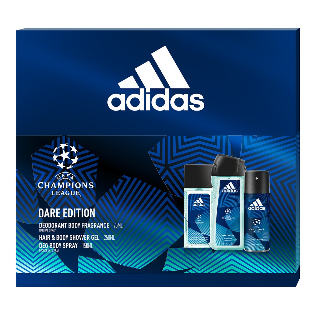 Adidas Uefa Champions League Dare Edition Zestaw dezodorant spray szkło 75ml + żel pod prysznic 250ml + dezodorant spray 150ml