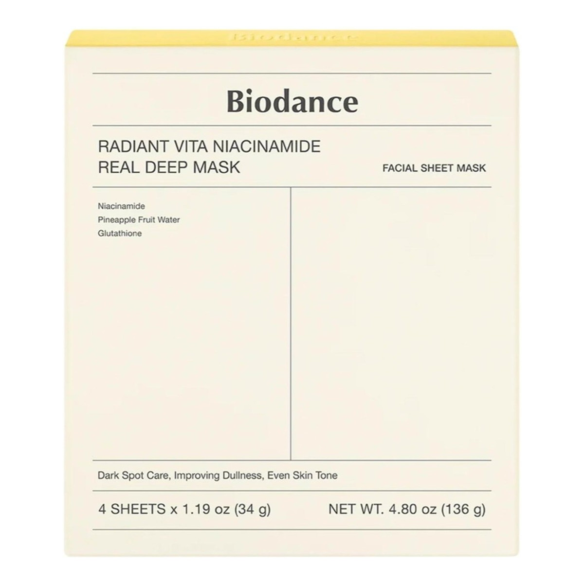 Biodance Radiant vita niacinamide real deep mask rozświetlająca maska w płachcie 4x34g 136g