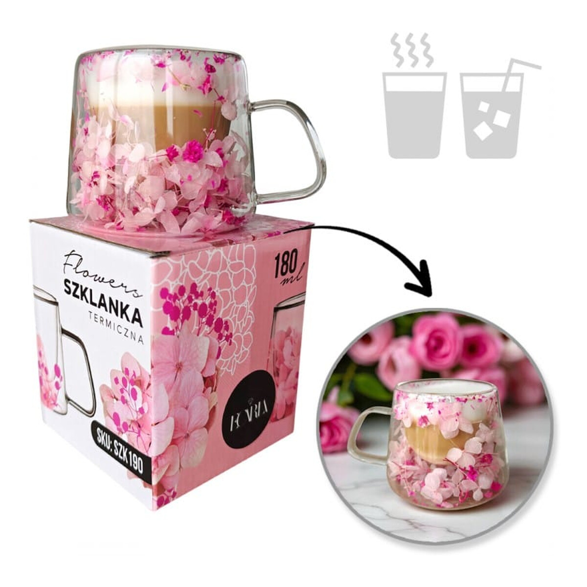 Ecarla Szklanka termiczna z kwiatami w środku 180ml