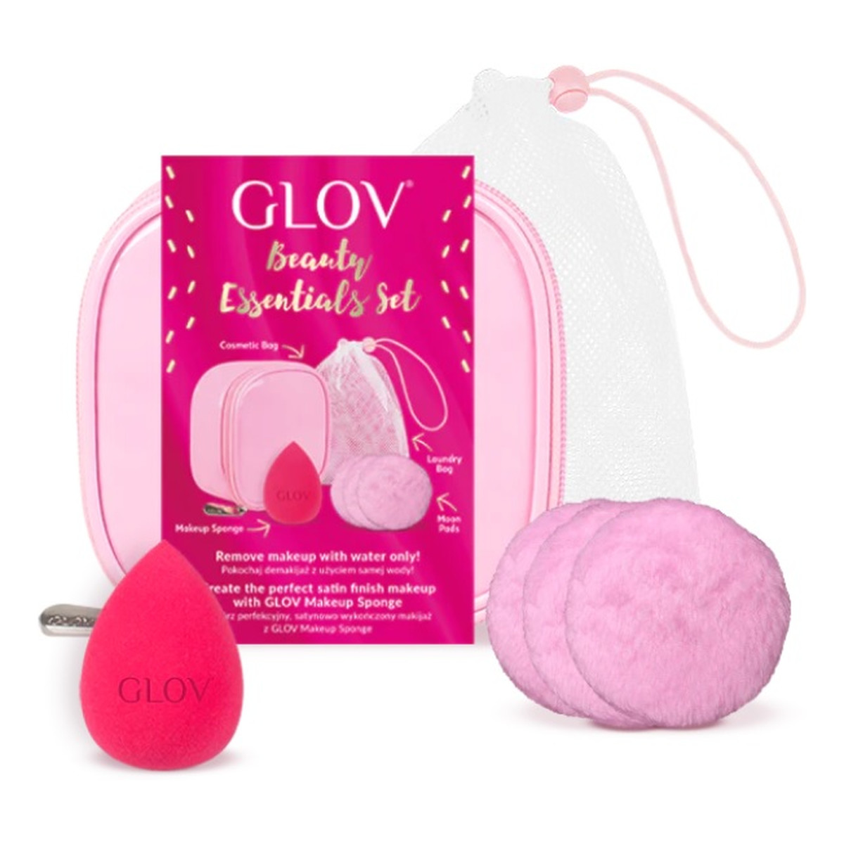 Glov Beauty Essentials Zestaw make up sponge gąbeczka do makijażu + mood pads & laundry bag waciki do twarzy z woreczkiem + kosmetyczka