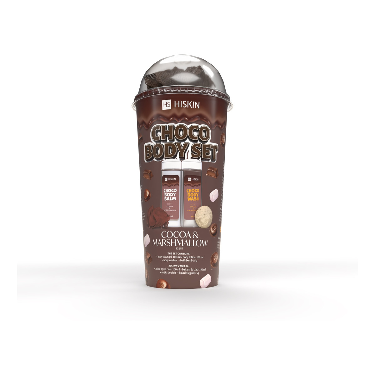 Hiskin Body set tuba Zestaw produktów do kąpieli-choco (żel do mycia ciała 100ml+balsam do ciała 100ml+myjka+kula 15g)