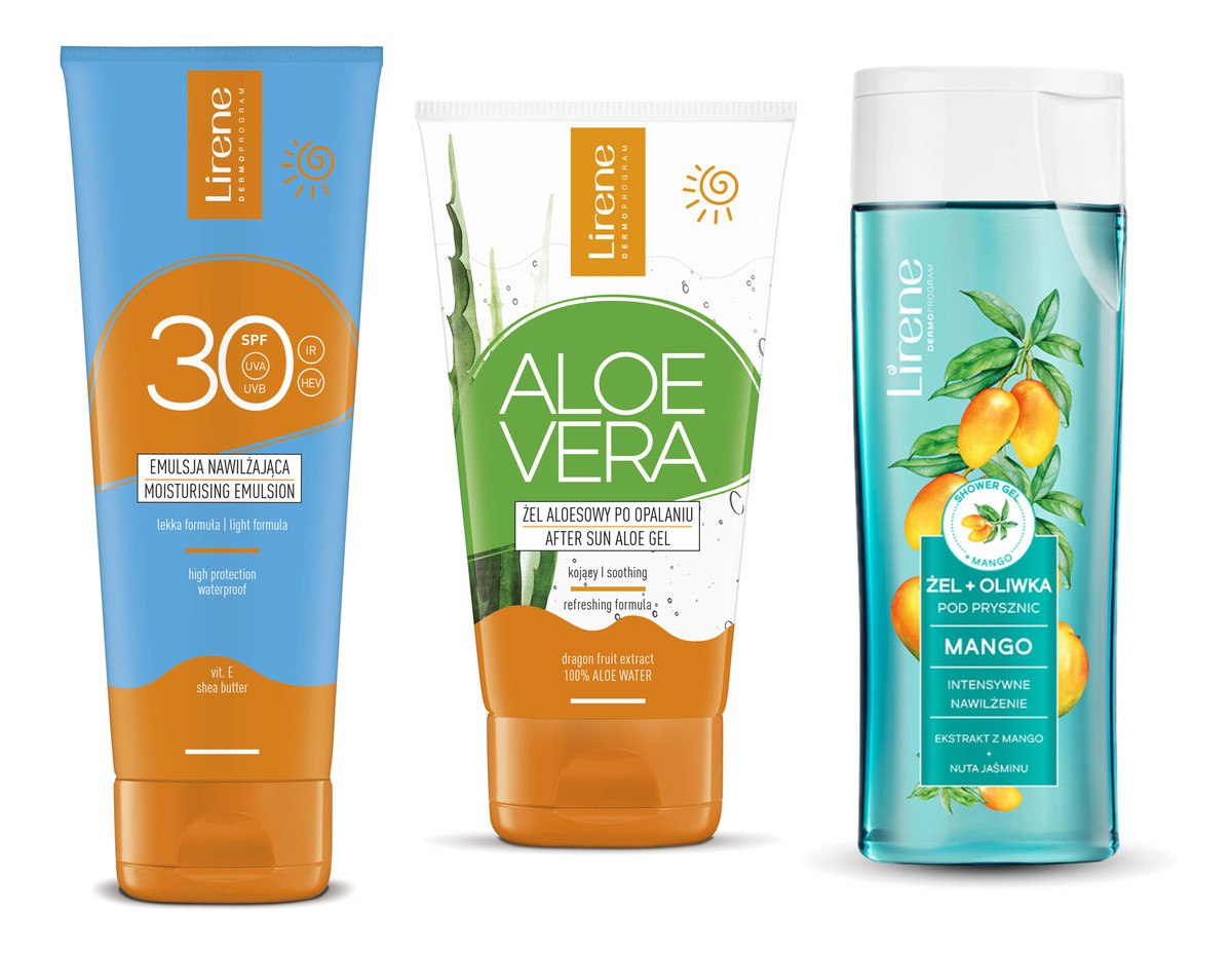 Emulsja nawilżająca spf 30 + Aloesowy p/opalaniu + Żel p/prysznic Mango