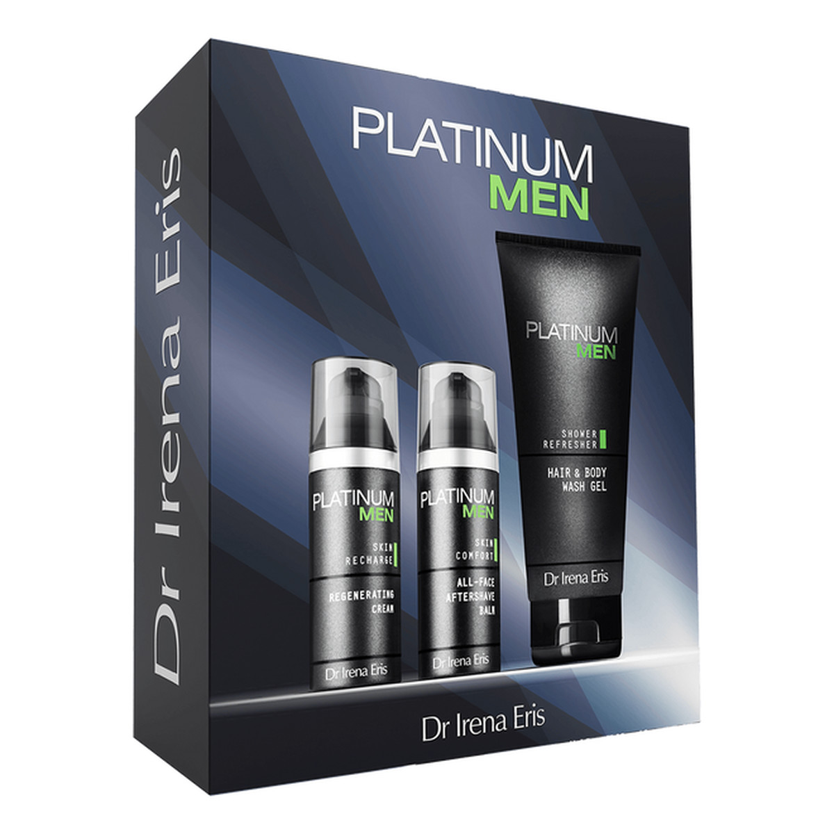 Dr Irena Eris Platinum Men Zestaw Oczyszczający Żel Do Ciała I Włosów 200 ml + Nawilżający Balsam Po Goleniu 50 ml + Krem Regenerujący Do Twarzy 50 ml
