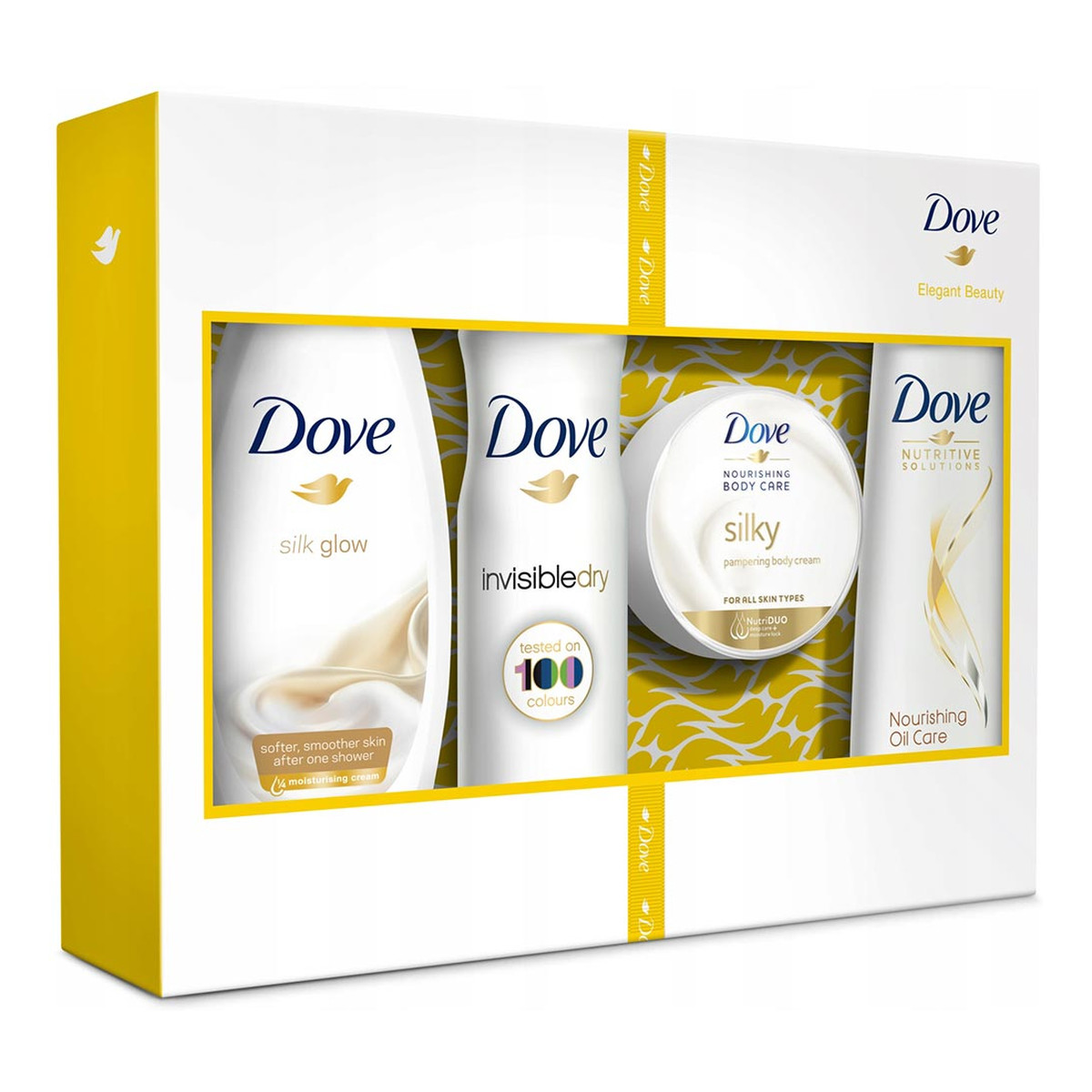 Dove Elegant Beauty Zestaw prezentowy (Żel pod prysznic 250 ml + Krem do ciała 300 ml + Dezodorant w sprayu 150 ml + Szampon do włosów 250 ml)