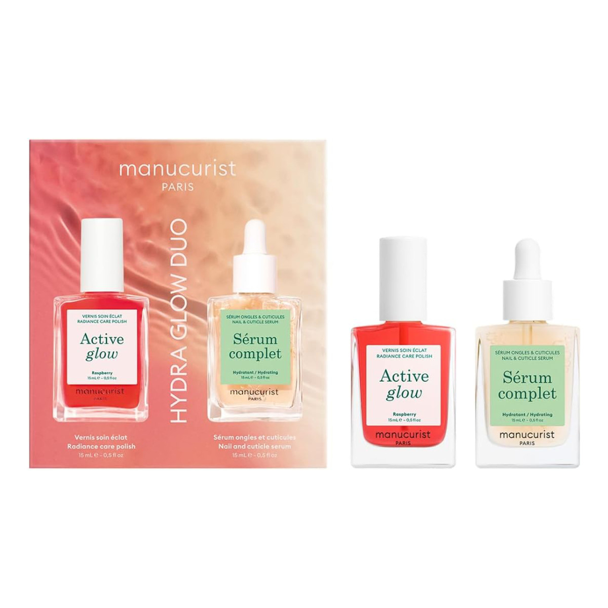 Manucurist Hydra Glow Duo Active Glow Raspberry lakier pielęgnacyjny do paznokci 15ml + Sérum Complet serum nawilżające do paznokci i skórek 15ml