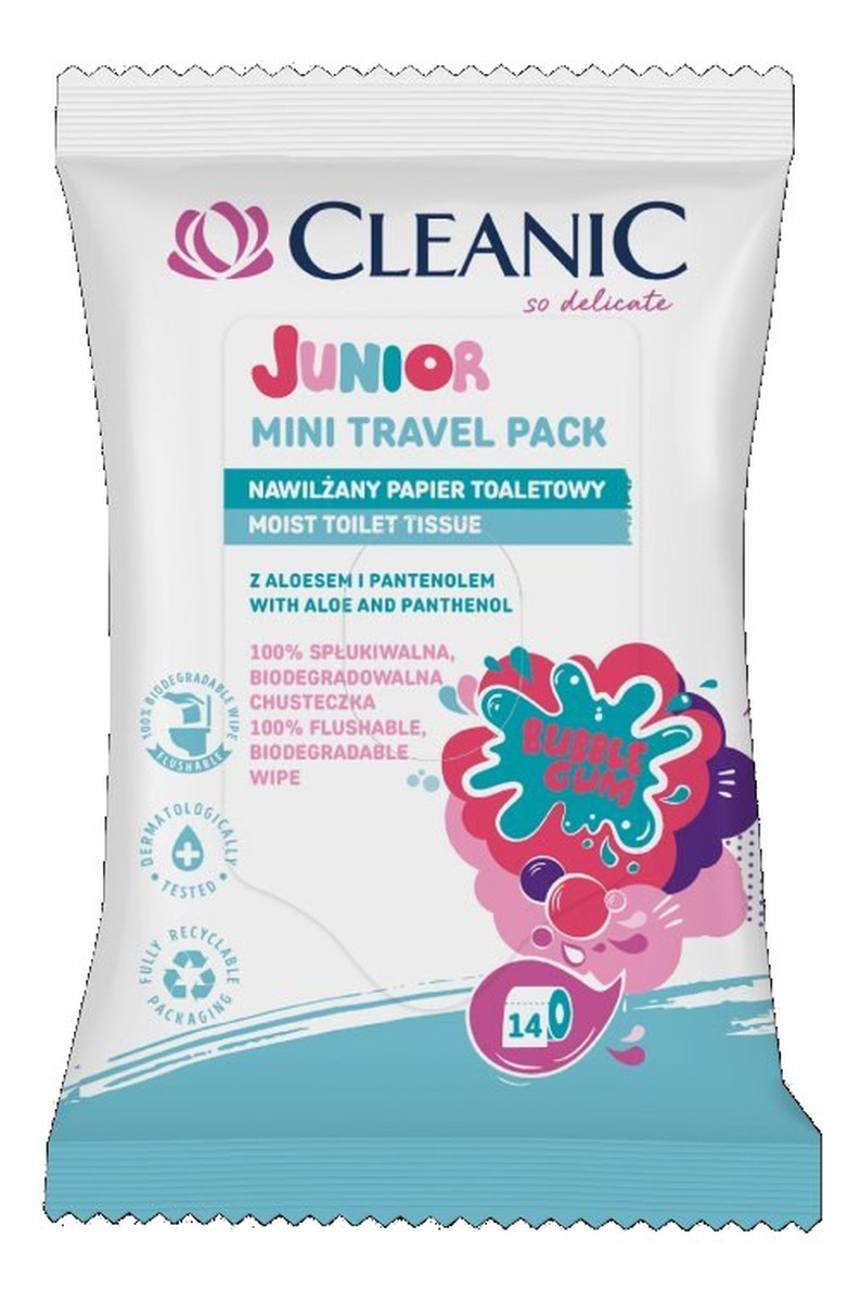 Junior Mini Travel Pack Moist Toilet Tissue nawilżany papier toaletowy Bubble Gum 14szt.