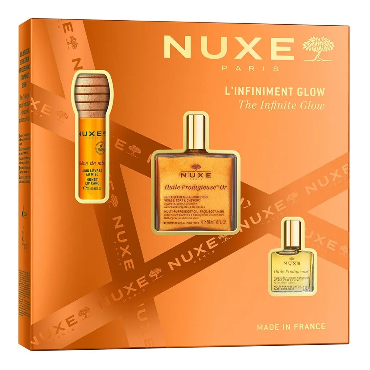 Nuxe The Infinite Glow Zestaw miodowy olejek do ust 10ml + suchy olejek z drobinkami 50ml + suchy olejek 10ml