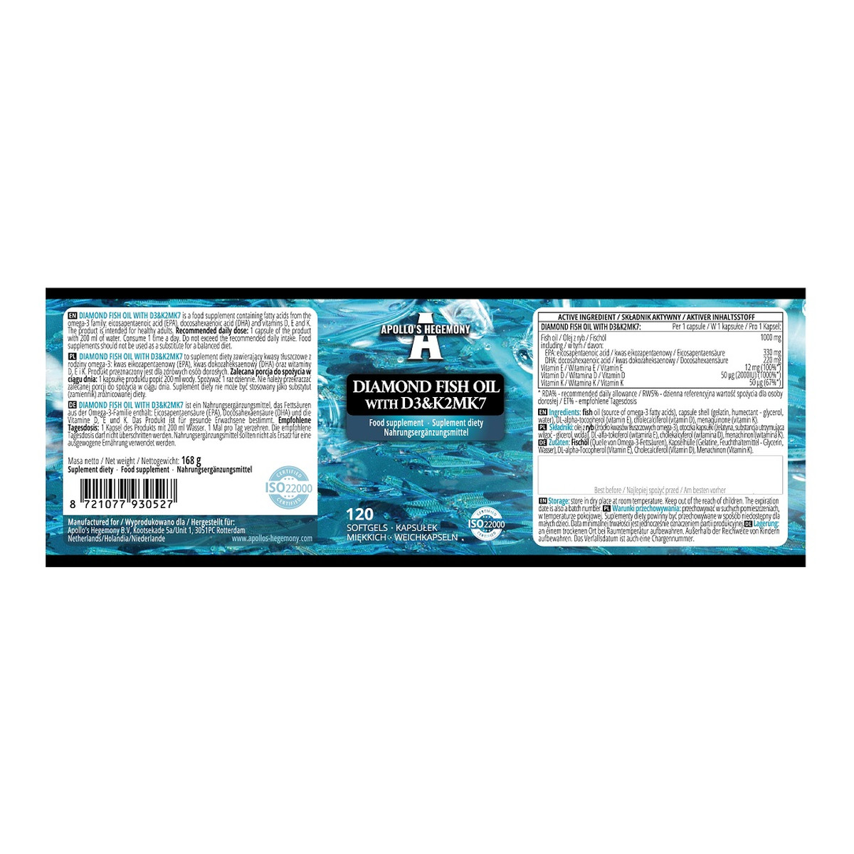 Apollo's Hegemony Diamond Fish Oil with D3&K2MK7 suplement diety 120 Kapsułek
