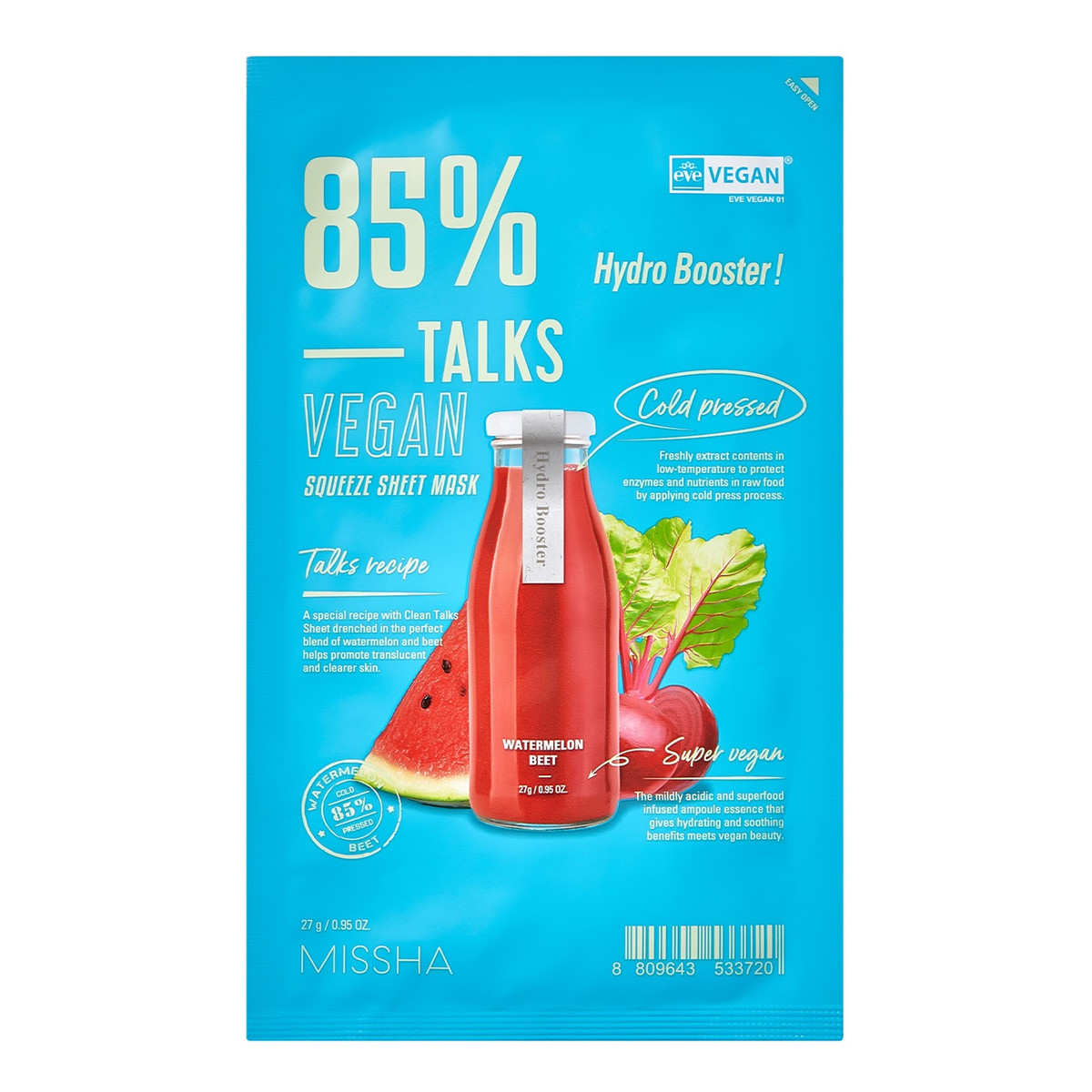 Missha Talks vegan squeeze sheet mask nawadniająca maseczka w płachcie dla zmęczonej skóry hydro booster 27g