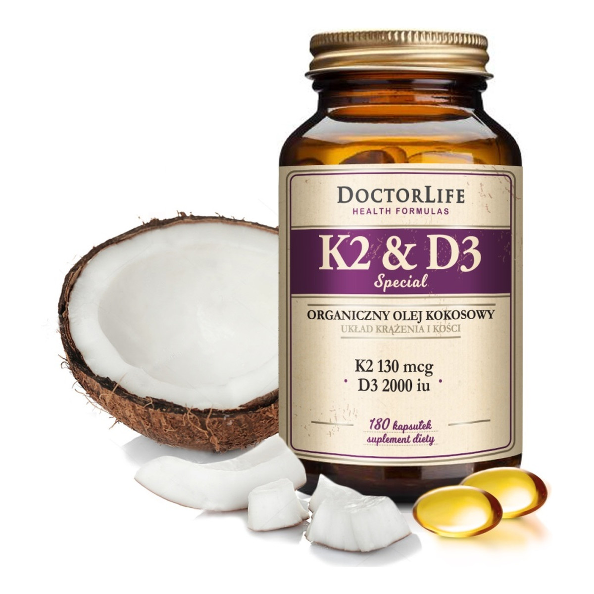 Doctor Life K2 & D3 organiczny olej kokosowy 130ug K2 mk-7 & 2000iu D3 suplement diety 180 kapsułek