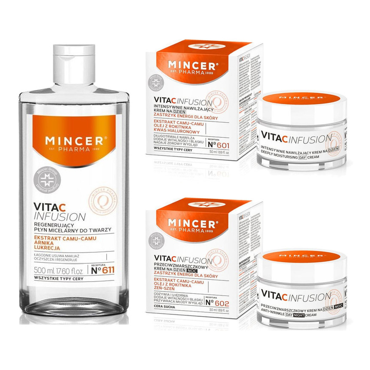 Mincer Pharma Vita C Infusion Krem Przeciwzmarszczowy No 602 + Nawilżający No 601 + Płyn micelarny No 611