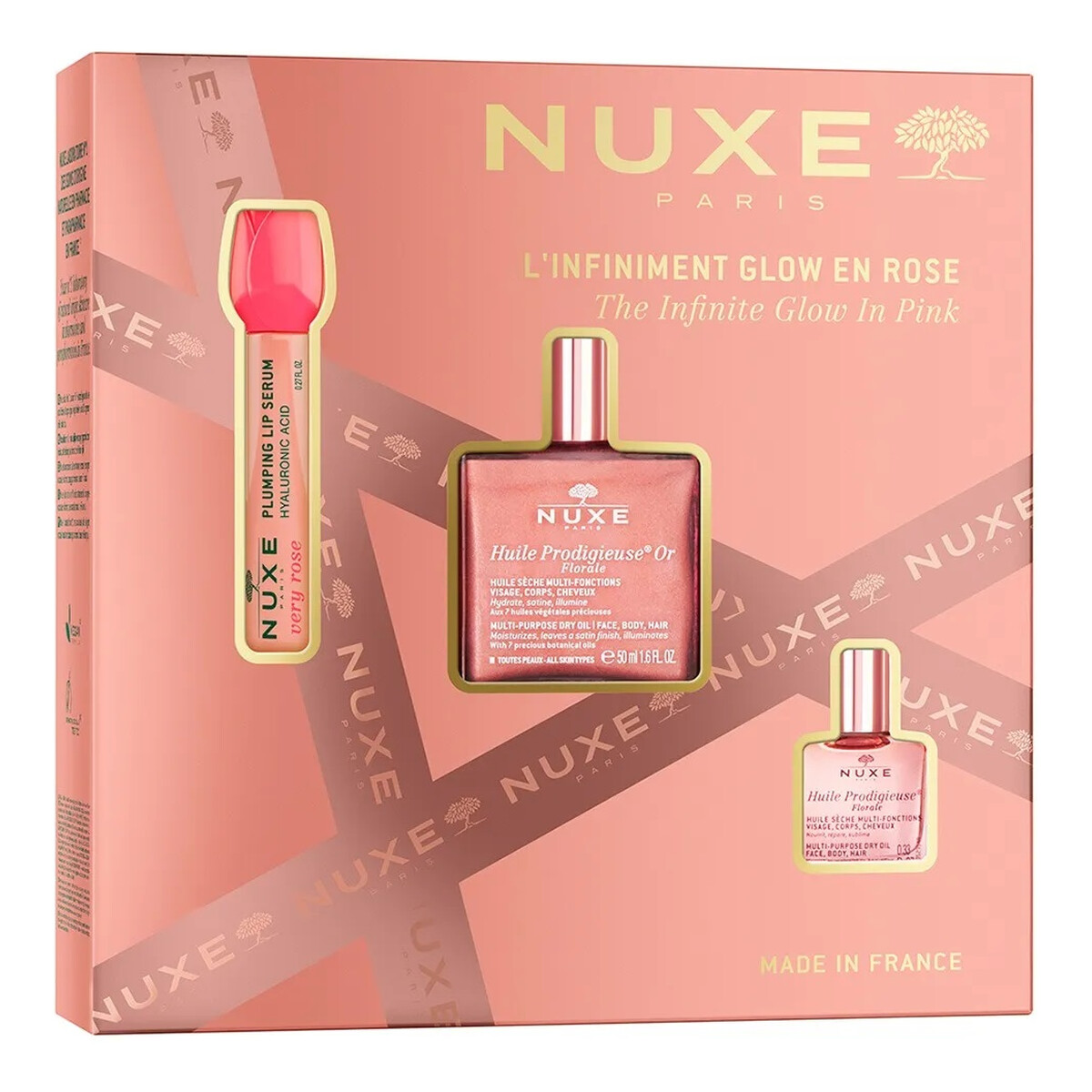 Nuxe The Infinite Glow In Pink Zestaw suchy olejek z drobinkami 50ml + nawilżające serum powiększające usta 8ml + suchy olejek 10ml