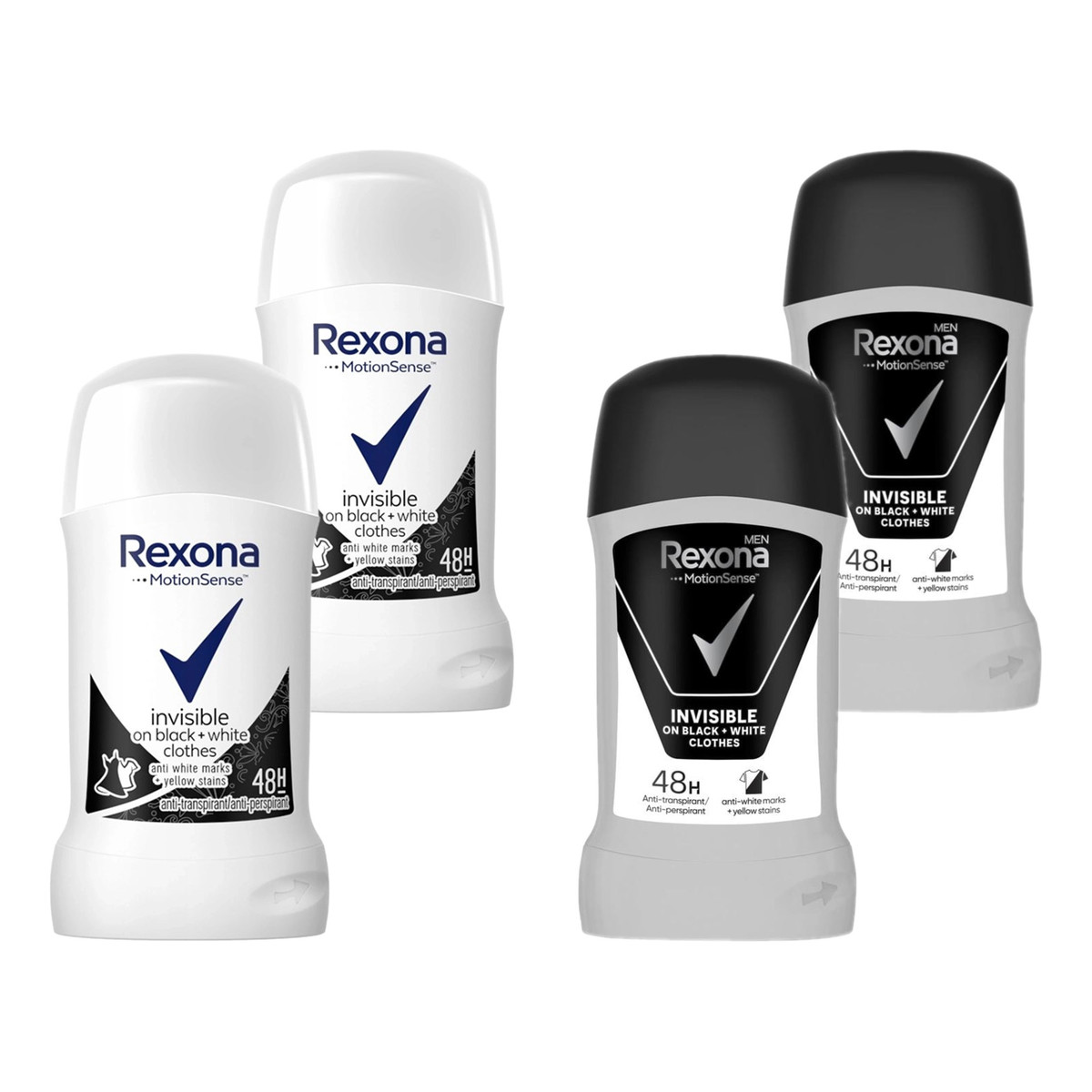 Rexona Invisible on black and white clothes Antyperspirant w sztyfcie 2x damski 2x męski