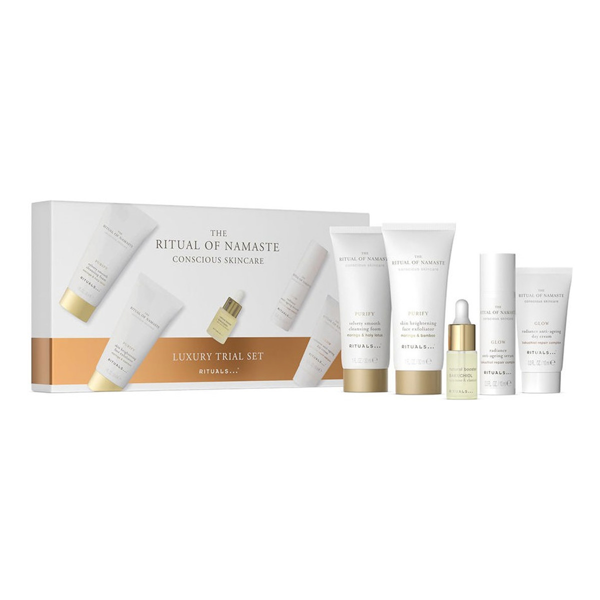 Rituals The Ritual of Namaste zestaw pianka oczyszczająca 30ml + peeling do twarzy 30ml + krem na dzień 10ml + serum 10ml + booster z bakuchiolem 4ml