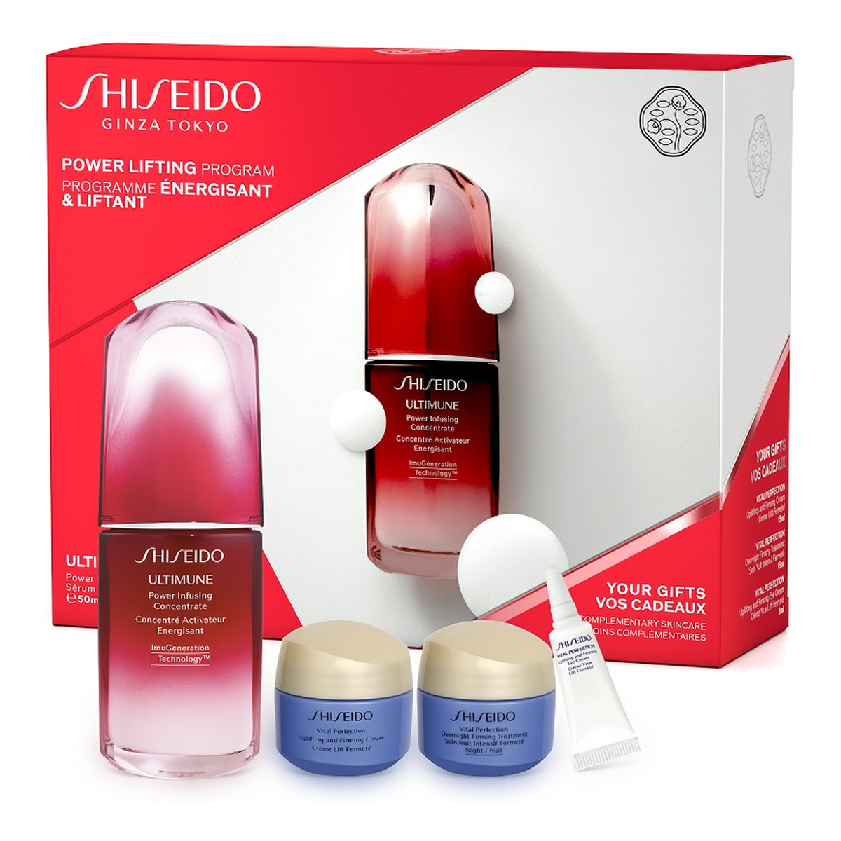 Shiseido Power Lifting Program Zestaw ultimune power infusing concentrate 50ml + vital perfection cream 15ml + vital perfection overnight firming treatment 15ml + vital perfection eye cream 3ml