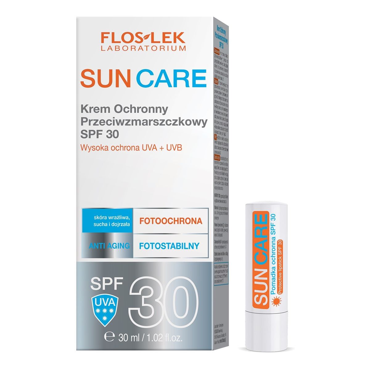 FlosLek Sun Care Krem ochronny przeciwzmarszczkowy SPF30 + Pomadka ochronna SPF30 30ml