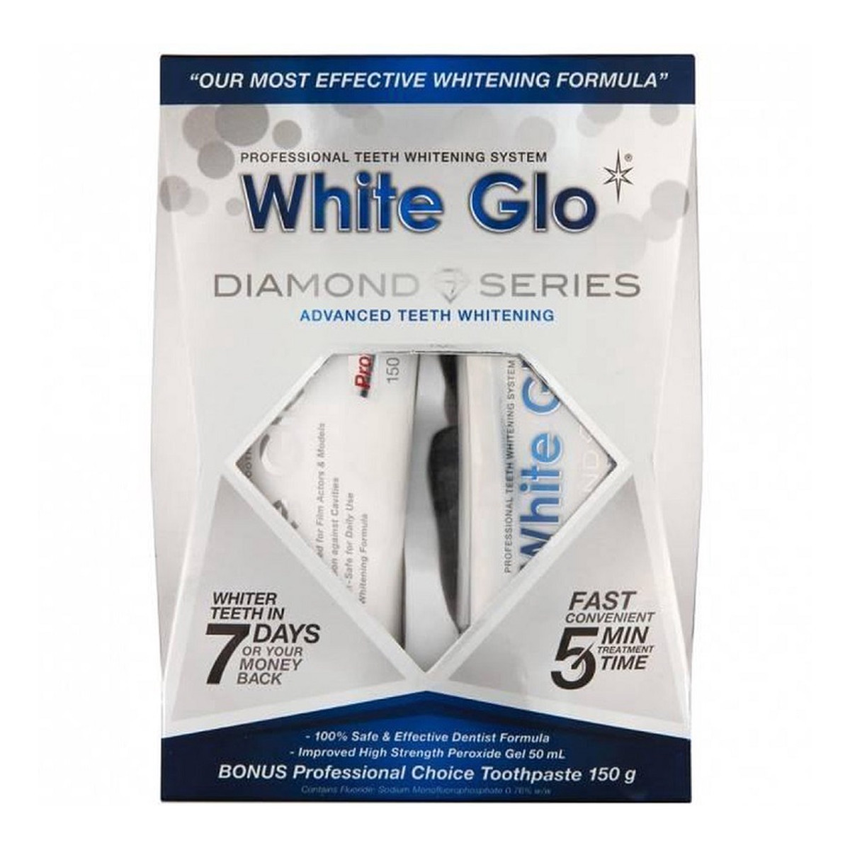 White Glo Diamond Series System Zestaw wybielająca pasta do zębów 100ml + wybielający żel do zębów 50ml + nakładka na zęby