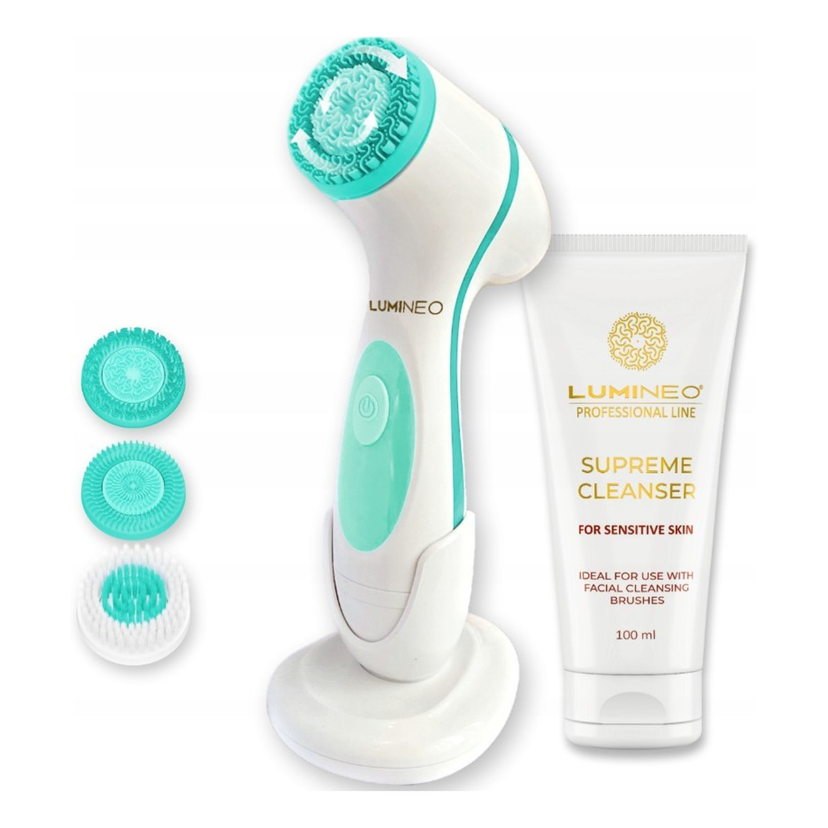 Lumineo Professional line szczoteczka do twarzy brush turkusowa + Żel oczyszczajacy lumineo do skóry wrażliwej 100 ml