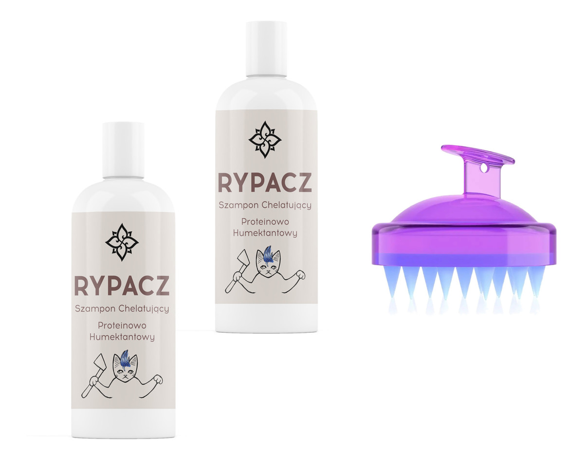 Rypacz - szampon chelatujący proteinowo-humektantowy 2x250ml + OnlyBio masażer do skóry głowy