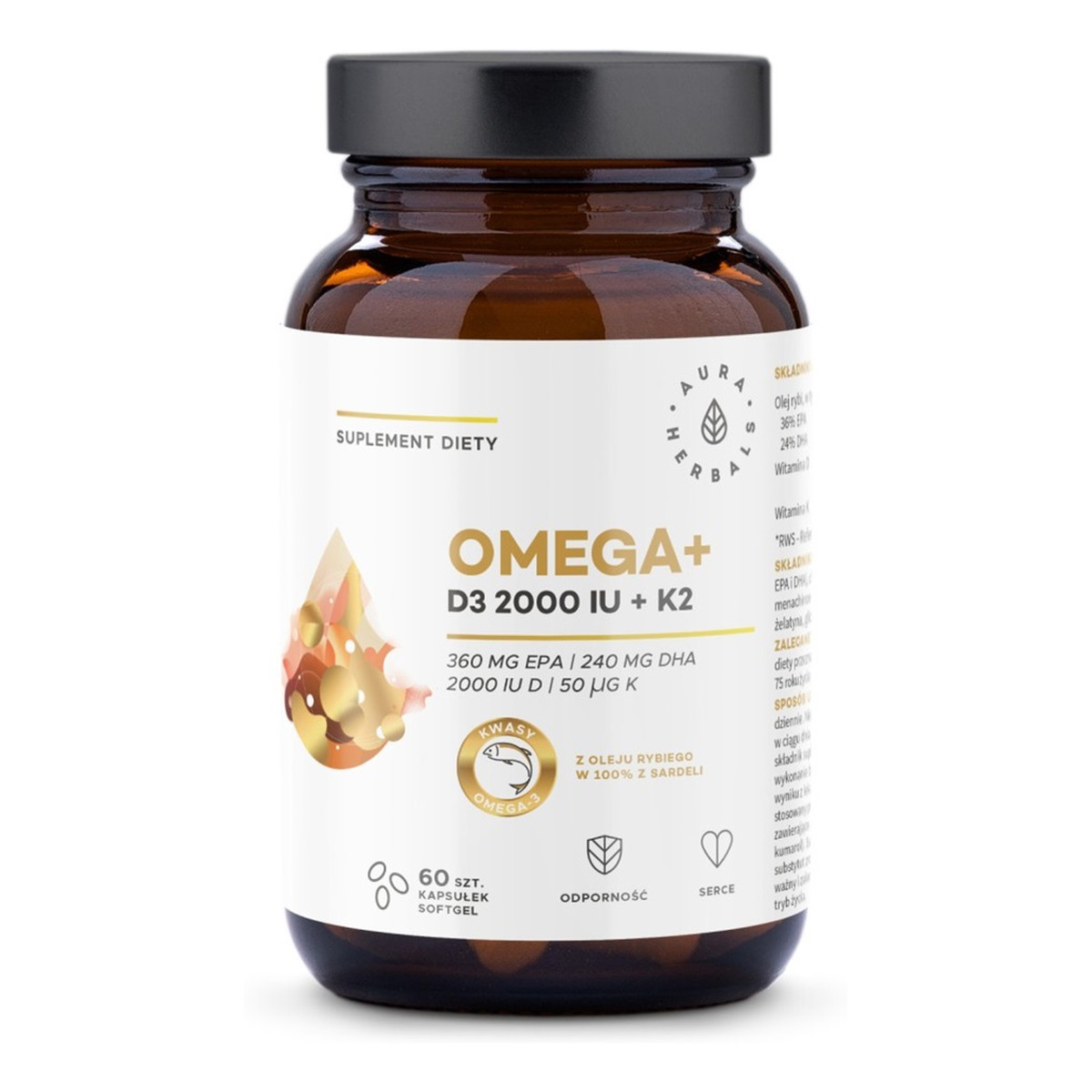 Aura Herbals Omega + witamina d3 + k2 suplement diety 60 kapsułek